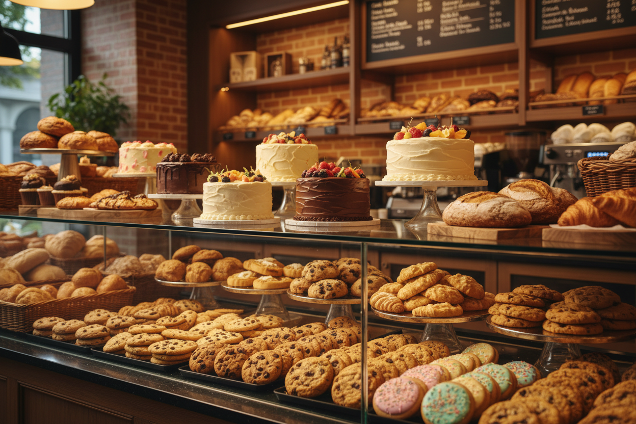 Bakery full of delectable baked goods mostly fresh cookies and cakes 