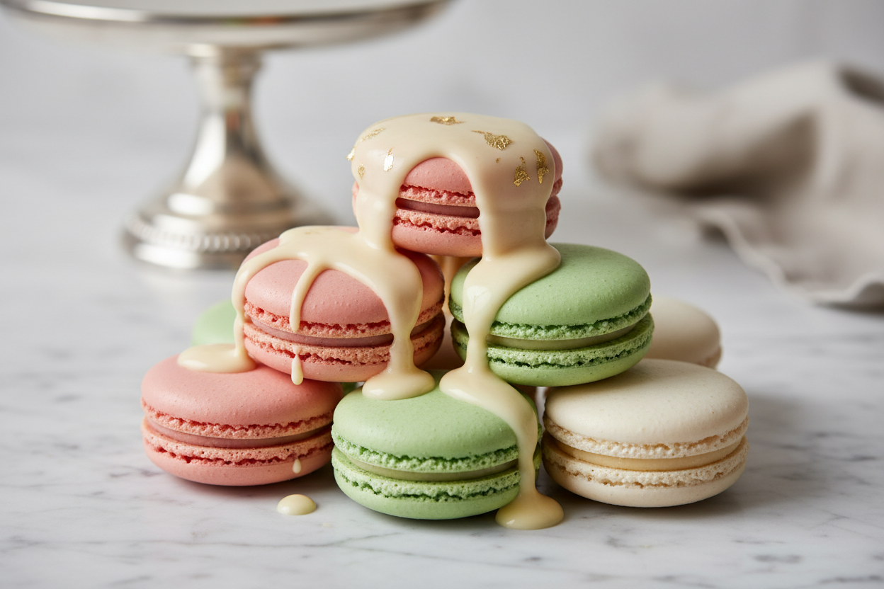 Fresh macaron drizzled in cream 